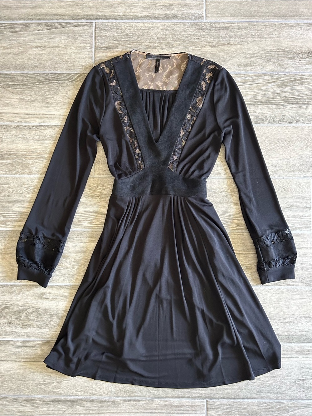 BCBGMaxAzria Black Lace-Insert V-Neck Long Sleeve Dress